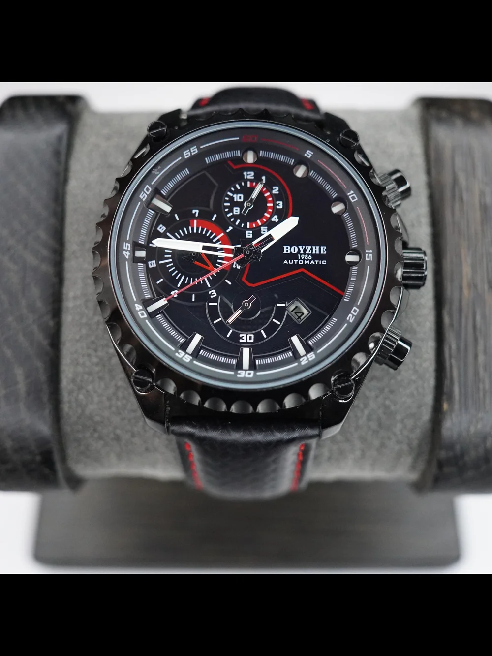 BOYZHE F1908 Automatic Men's Watch 47mm Black Red Dial Leather Strap Date